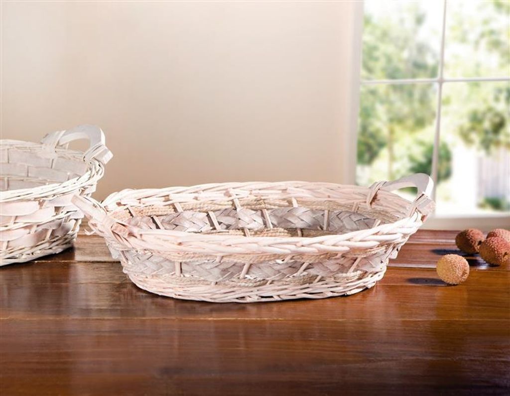 Schale aus weiß gekalkter Weide & Seegras, oval, Obstschale