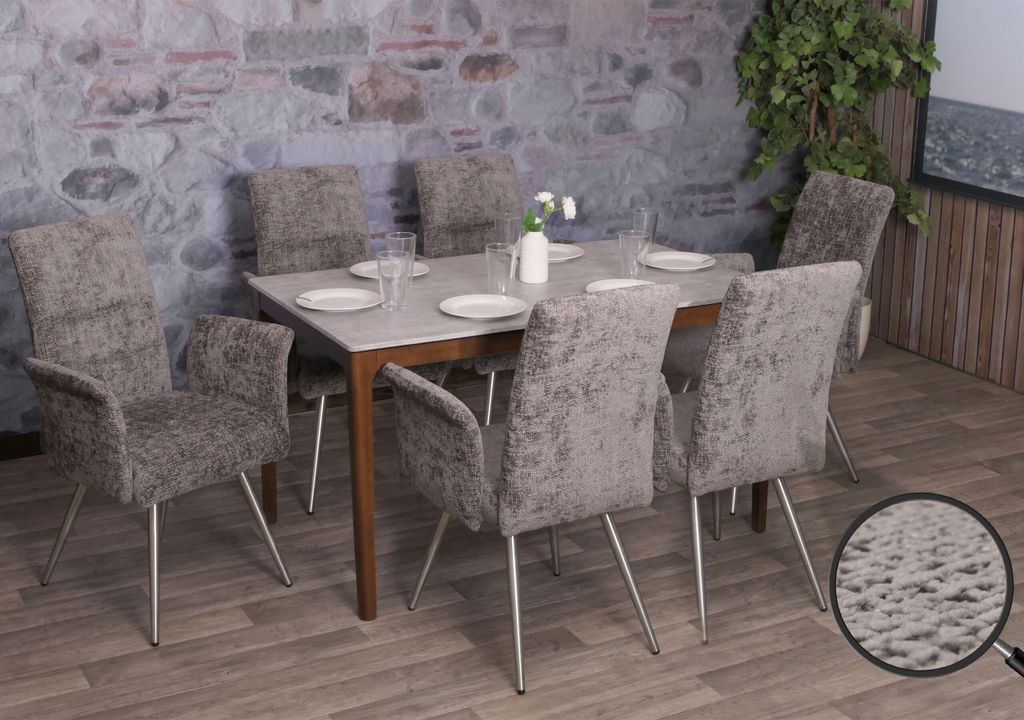 6er-Set Esszimmerstuhl HWC-G55, Stuhl mit Armlehne, Edelstahl gebürstet Stoff/Textil Chenille dunkelgrau