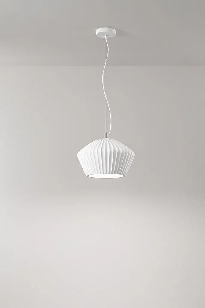 Lustre Design Moderne en Plâtre Blanc et Métal, Suspension Plissée 35 cm