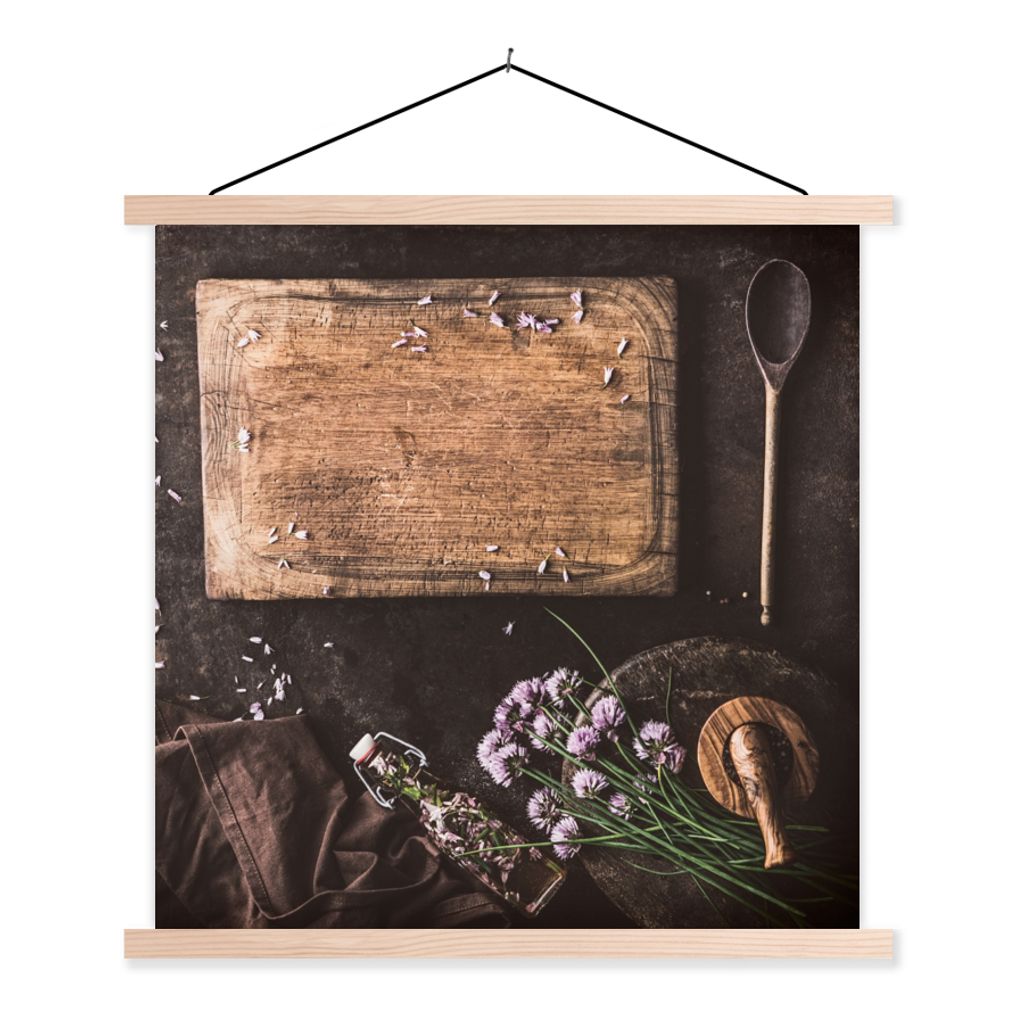 MuchoWow Textilposter Schneidebrett - Kräuter - Löffel - Küche - Rustikal - Mörser - Schnittlauch 40x40 cm mit holzfarbenen Rahmen - Posterle...