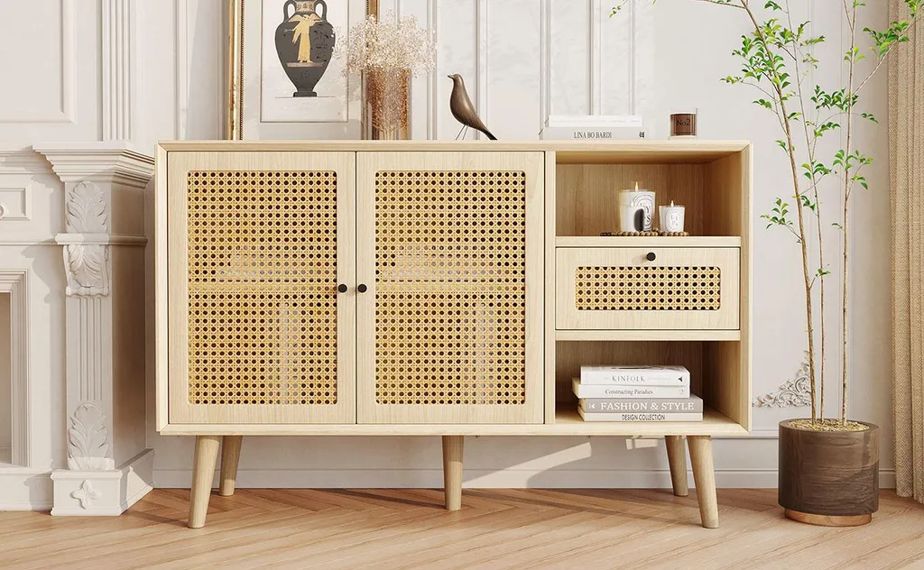 Commode de Salon avec Portes en Rotin, Buffet Bas 120cm Style Bohème - 5