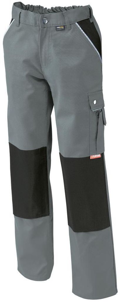 A pair of gray and black work pants shown against a white background.