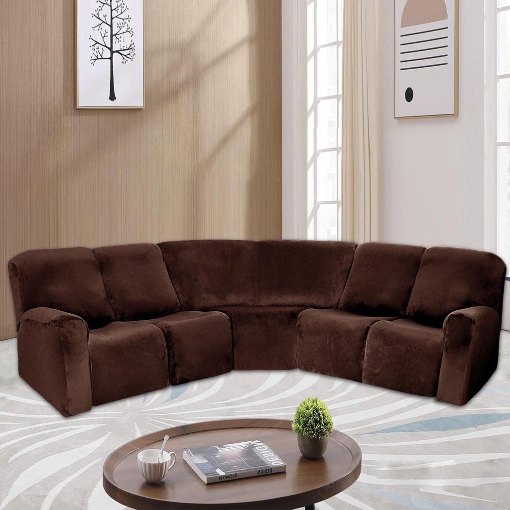 Liegestuhl Schonbezug, L-Form Abschnitt Ecksofabezug Liegestuhl Sofabezüge, 5 Sitzer Samt Stretch Liege Couchbezüge zum Liegen L-Form Sofa,Braun