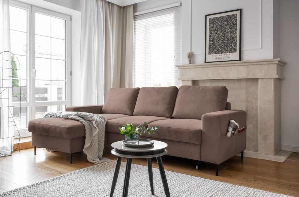 MIUFORM Lofty Lilly - Ecksofa mit Bettfunktion und Bettkasten L-FORM LINKS - 236x148cm - Cord Taupe - Sofa Schlafsofa Couch