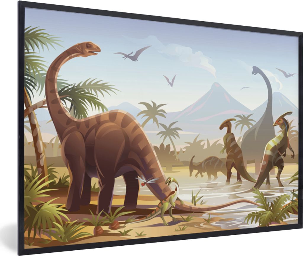 MuchoWow Gerahmtes Poster Dinosaurier - Landschaft - Tropisch - Kinder - Jungen 90x60 cm - Poster mit Schwarzem Bilderrahmen Wandposter Rahmen Fo...