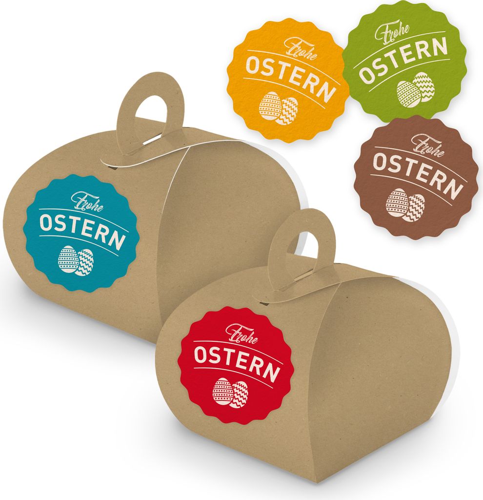 itenga SET Frohe Ostern 10x Geschenkschachtel mit Griff braun + bunte Sticker