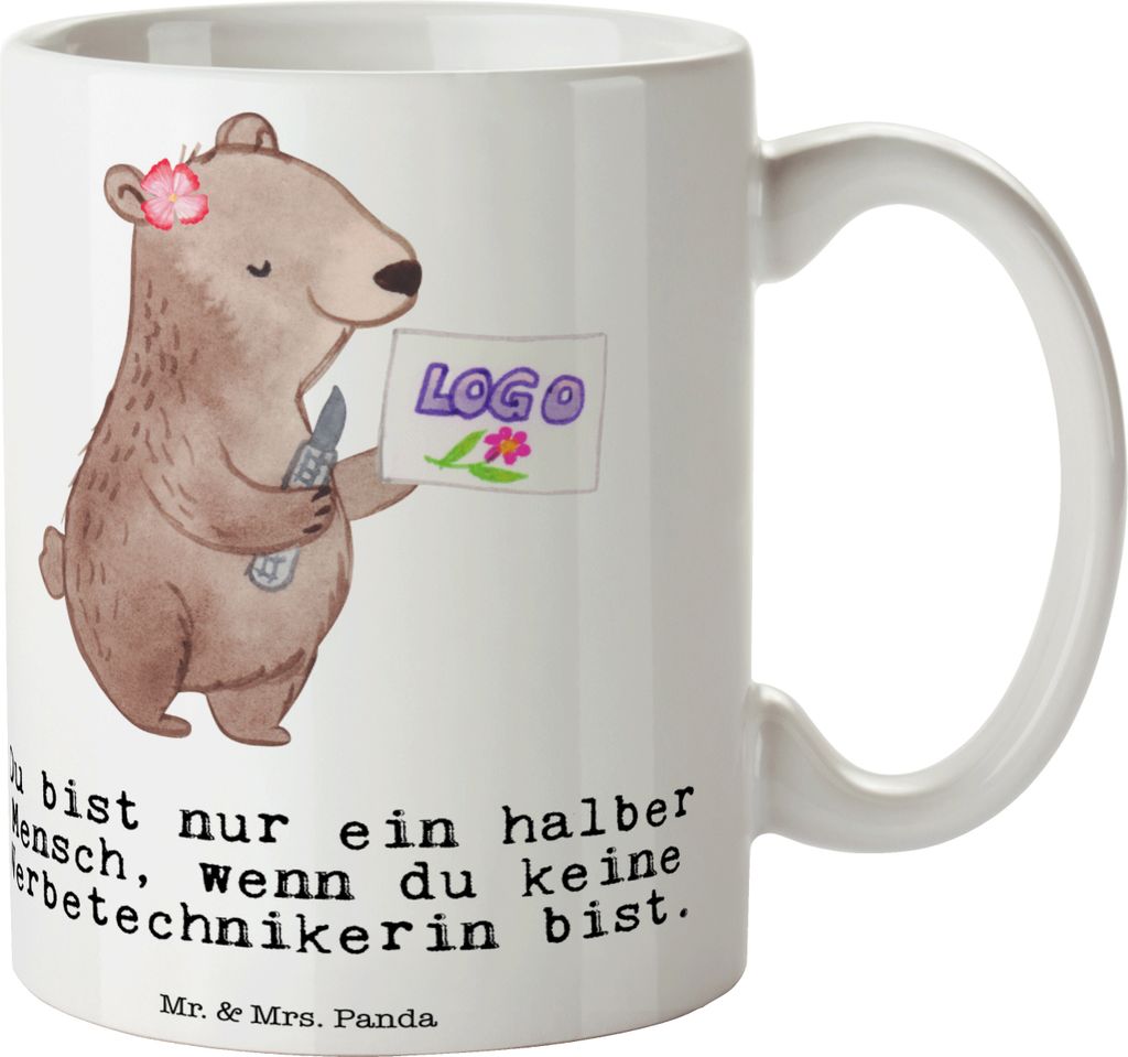 Mr. & Mrs. Panda Tasse Werbetechnikerin Herz - Weiß - Geschenk, Kaffeebecher, Trinkbecher, Kaffeetasse, Becher, keramik