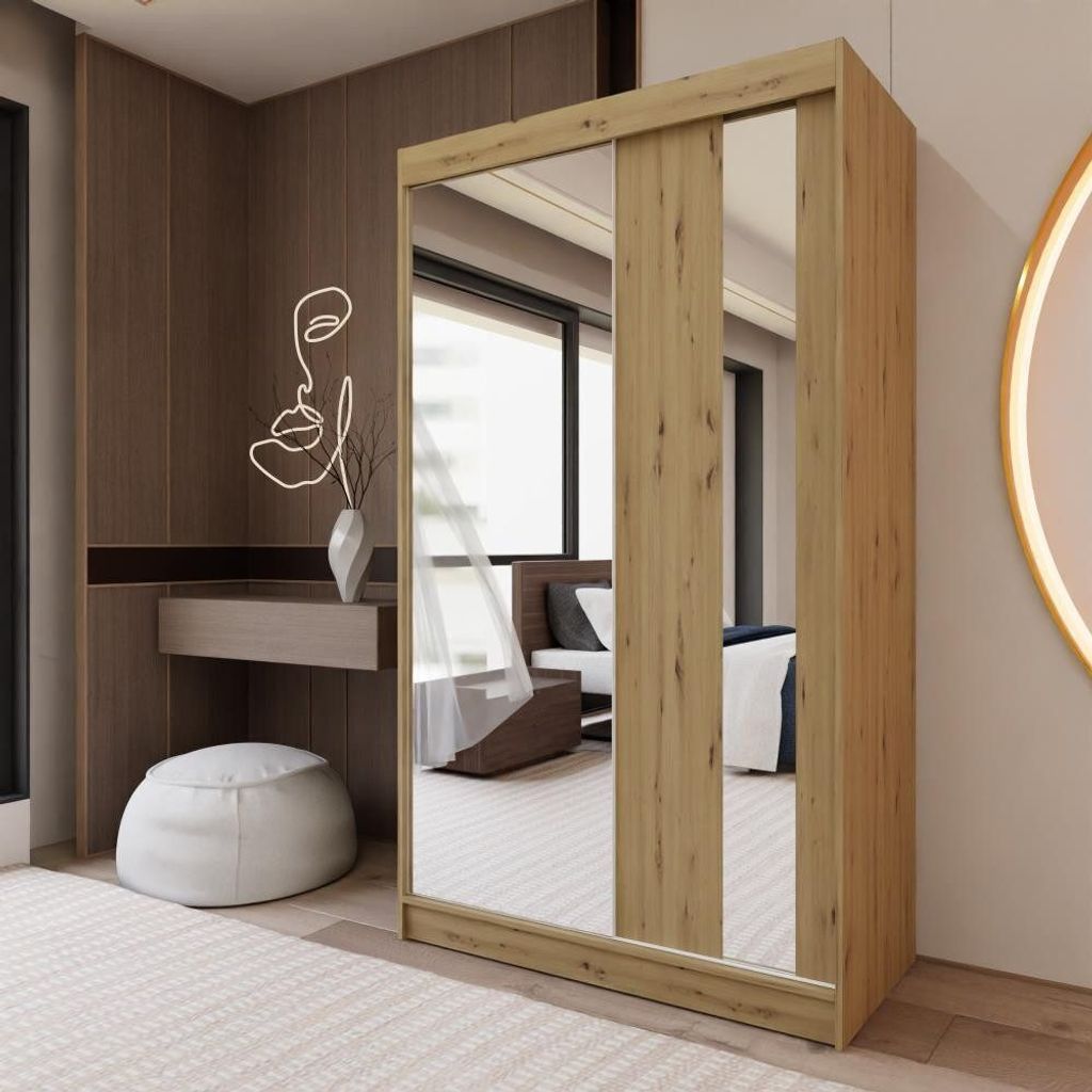 Schiebetürenschrank GAJA II 120cm - 2-türig Kleiderschrank, Garderobe, Schrank mit Spiegeln, Kleiderstang & 2 Schubladen, Farbe: Artisan