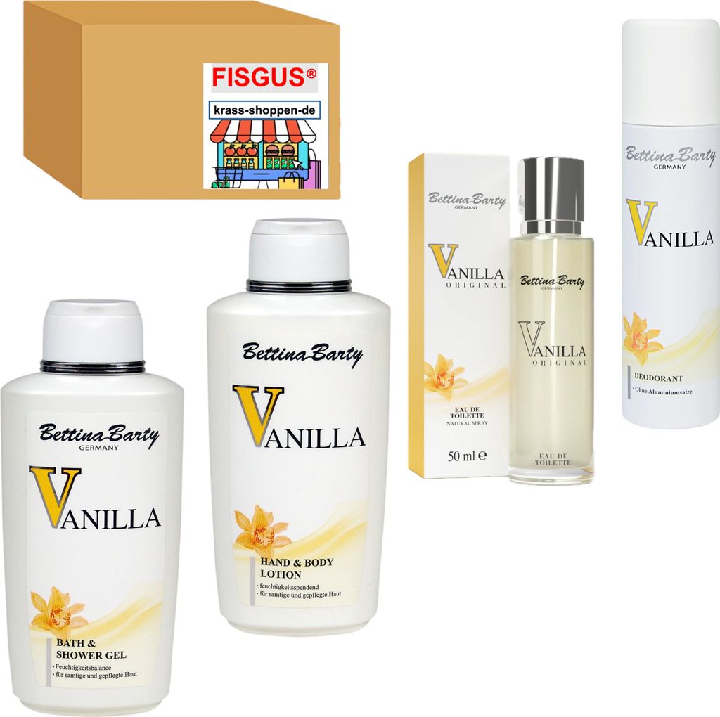 Bettina Barty Vanilla Pflege-Serie, Bath & Shower Gel 500ml - Hand & Body Lotion 500ml - Deo Spray 150ml - EdT 50ml - Zusammengestellt von FISGUS