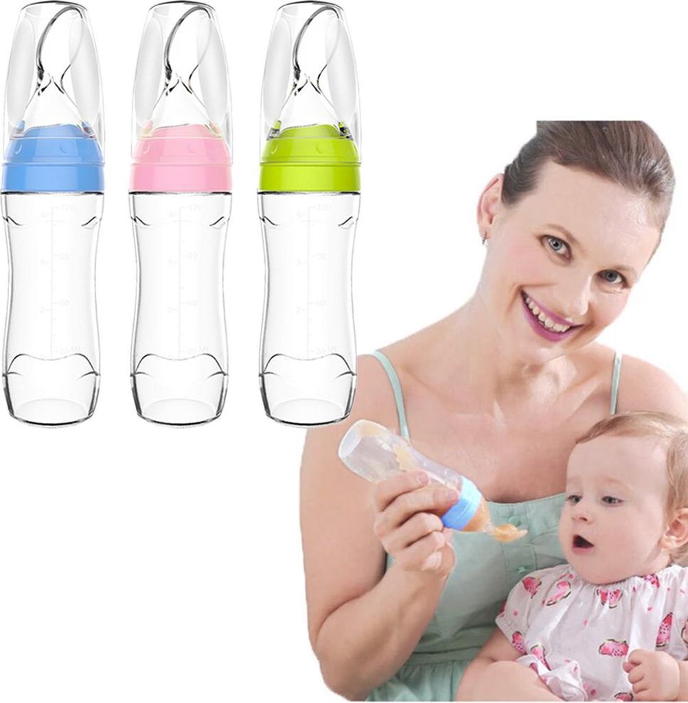 Baby-Silikon-Quetschflasche mit Löffel, Lebensmittelabgabe, Entwöhnungssaft, Müsli, Reisbrei