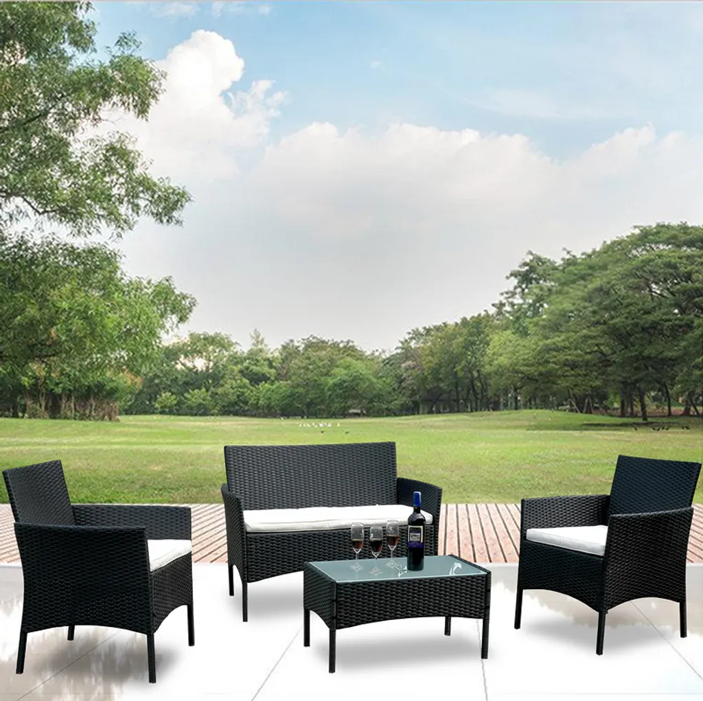 Fiqops Salotto da Giardino in Polyrattan: Divano e Tavolo in Vetro