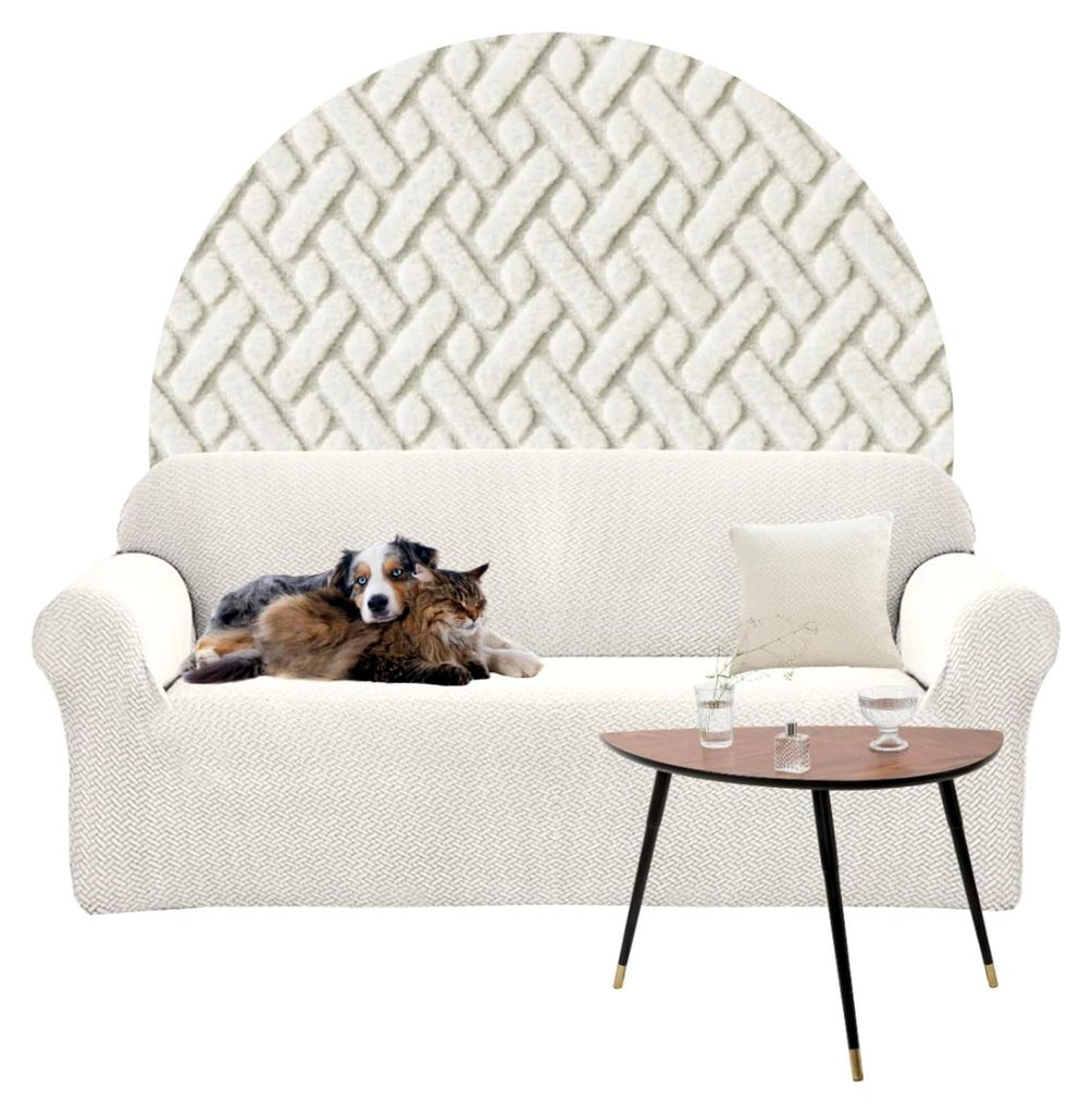 Cremefarbener Sofaüberzug - 2-Sitzer Couch- und Sesselbezug - Jacquard Fischgrät Stretch - Elastischer Bezug - Breite 145-185 cm - 100