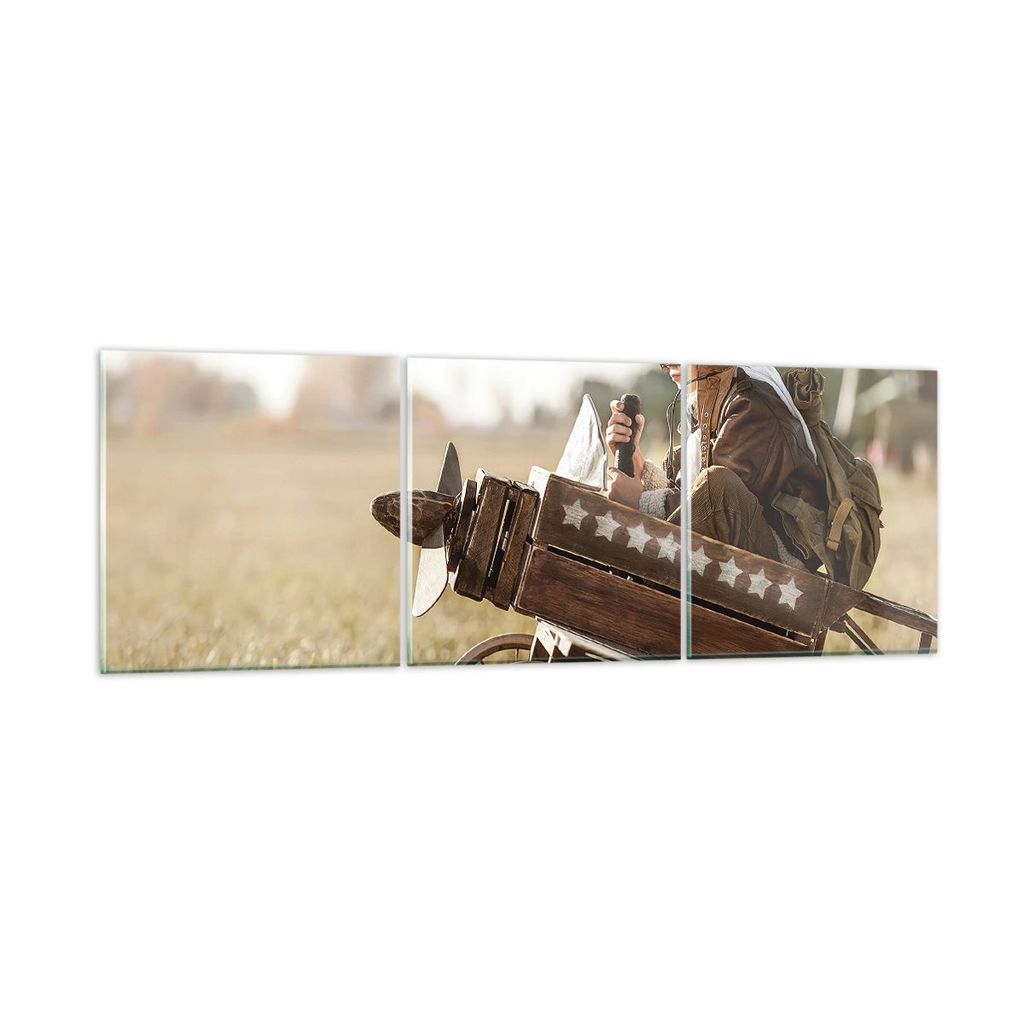 Bilder auf glas - 3 Teile - Kindheit Flugzeug Spielzeug - 90x30cm - Glasbilder - Wandbilder - Bilder - zum Aufhängen bereit - Wanddekoration aus G...