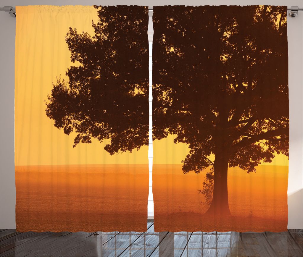 ABAKUHAUS Baum Rustikaler Vorhang, Land Bauernhof Sonnenaufgang, Wohnzimmer Universalband Gardinen mit Schlaufen und Haken, 280 x 225 cm, Braun Orange