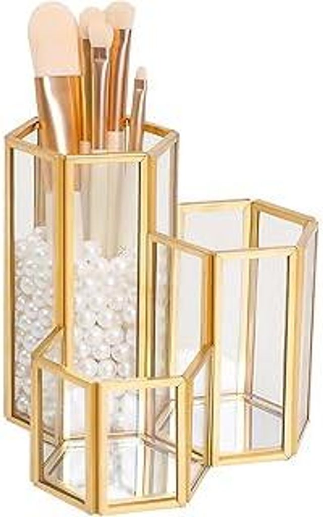 SLHEQING Make Up Pinsel Organizer Pinsel Aufbewahrung Gold Schminktisch Organizer Glas Pinselhalter, Kosmetik Organizer für Badezimmer, Arbeitspla...