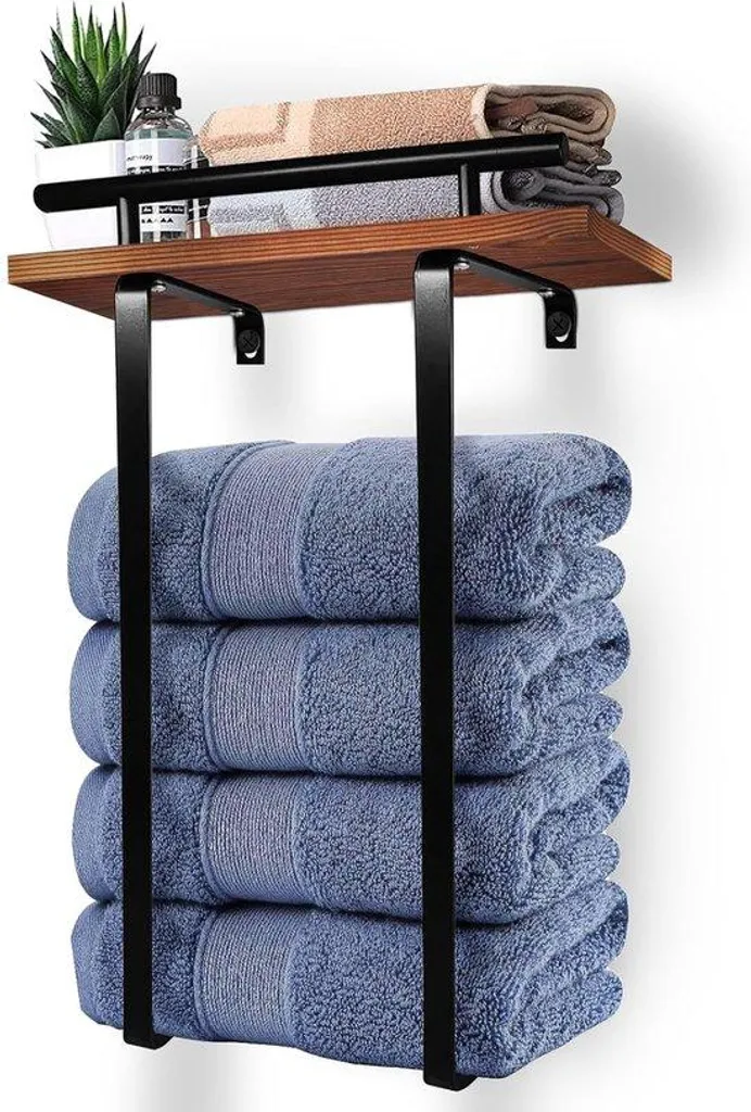 Porte-serviettes anti-rouille noir mat 42,5cm avec étagère en bois