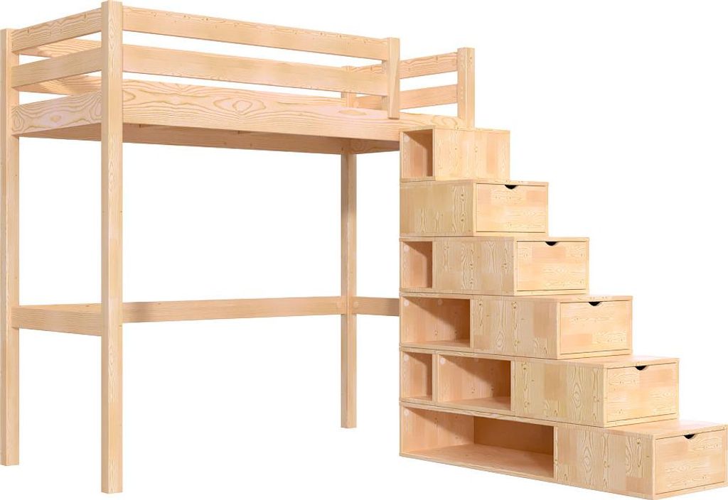 Hochbett holz mit Treppenregal Sylvia - 90x200 - Naturlack