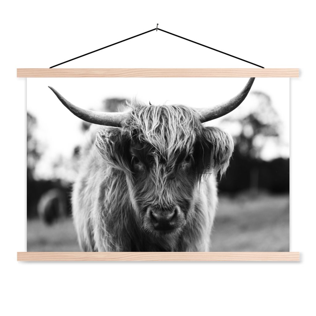 MuchoWow Textilposter Schottischer Highlander - Kuh - Gras - Tiere - Natur 120x80 cm mit holzfarbenen Rahmen - Aufhängeset