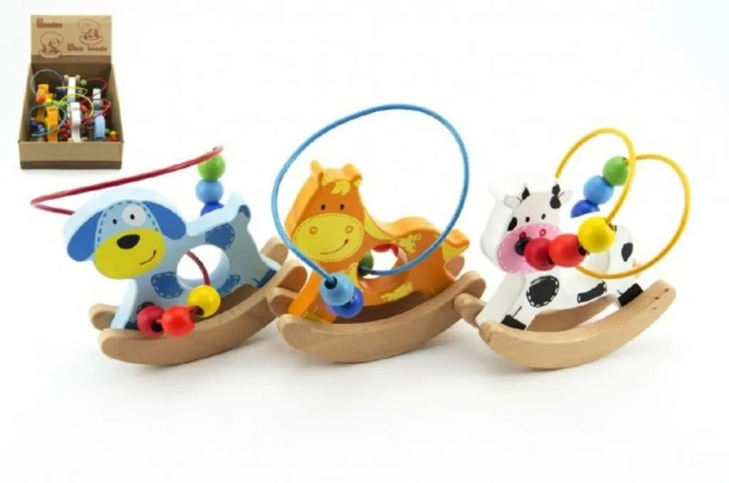 Jouet éveil bois 13x14cm mini labyrinthe perles animaux 6 pièces