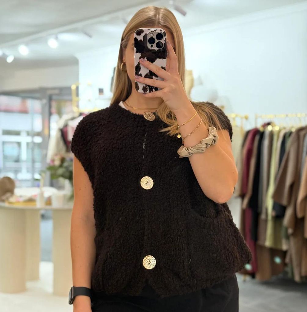 Weste Cosy Boucle Damen "Emma" Dunkelbraun mit goldenen Knöpfen, Frauen Weste, Bodywärmer Westen Outdoor Jacke Frau, kurzarm Leichtweste, Bouclew...