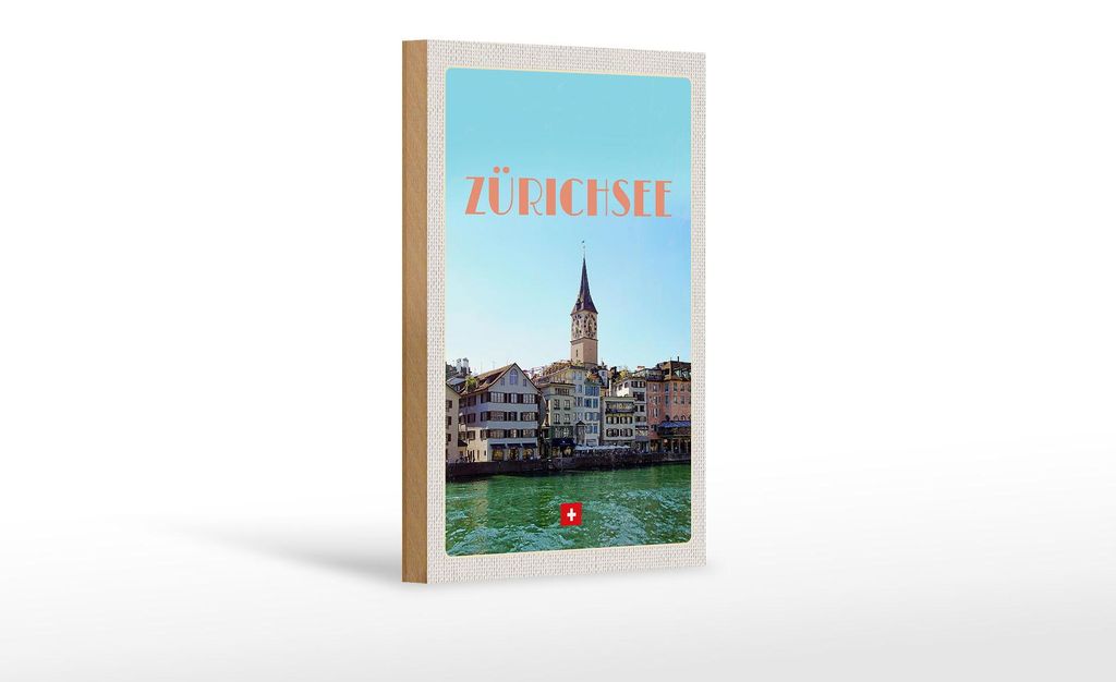 Holzschild Reise 12x18 cm Zürich Schweiz Ausblick See auf Stadt