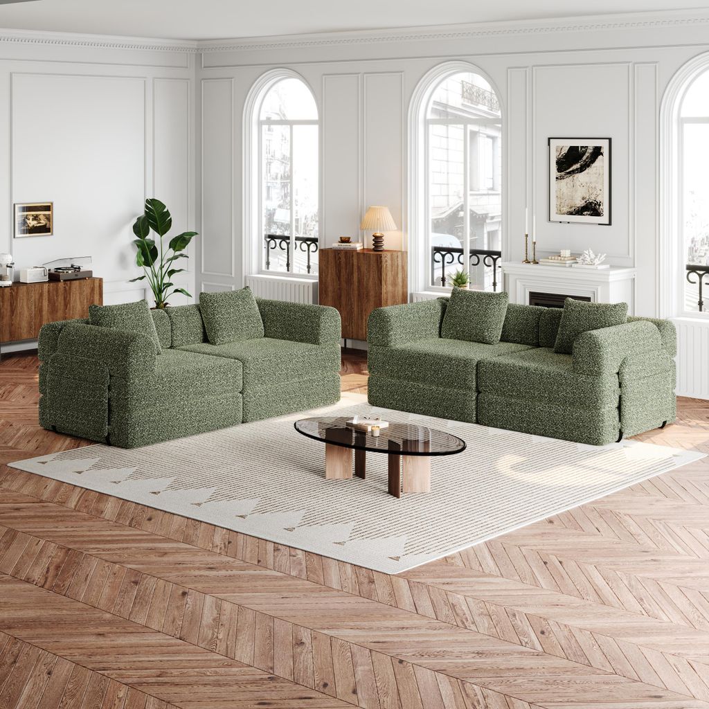 Chenille-Schlafsofa 2-in-1 mit Armlehnen-Staufach, Schlafcouch mit Bettfunktion, 3 Stahlrahmen/Sitz, rutschfeste Unterlage, patentiert