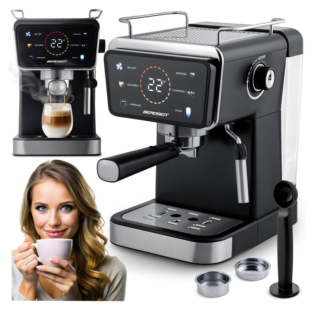 A collage of an espresso machine and a woman holding a coffee cup.