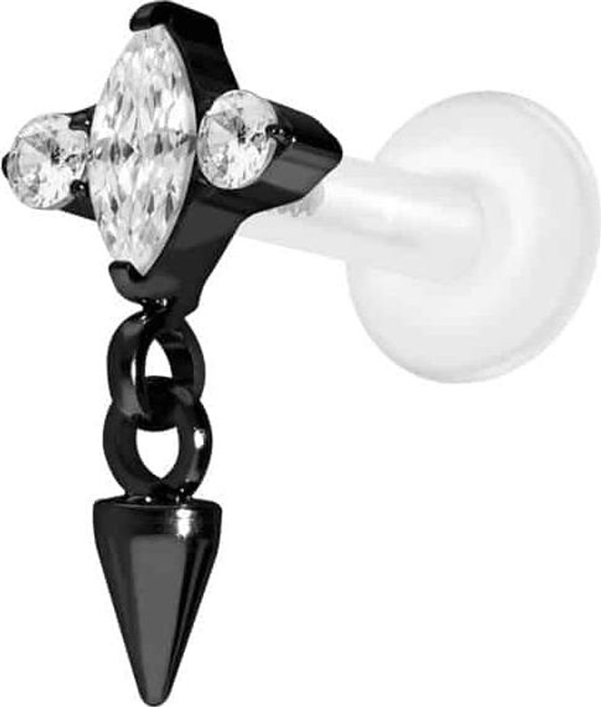 Ohrpiercing, Nasenpiercing PTFE Labret mit Innengewinde + Titan-Aufsatz EINGEFASSTE KRISTALLE + SPITZE Schwarz Stablänge: 7mm | Stabstärke: 1,6mm