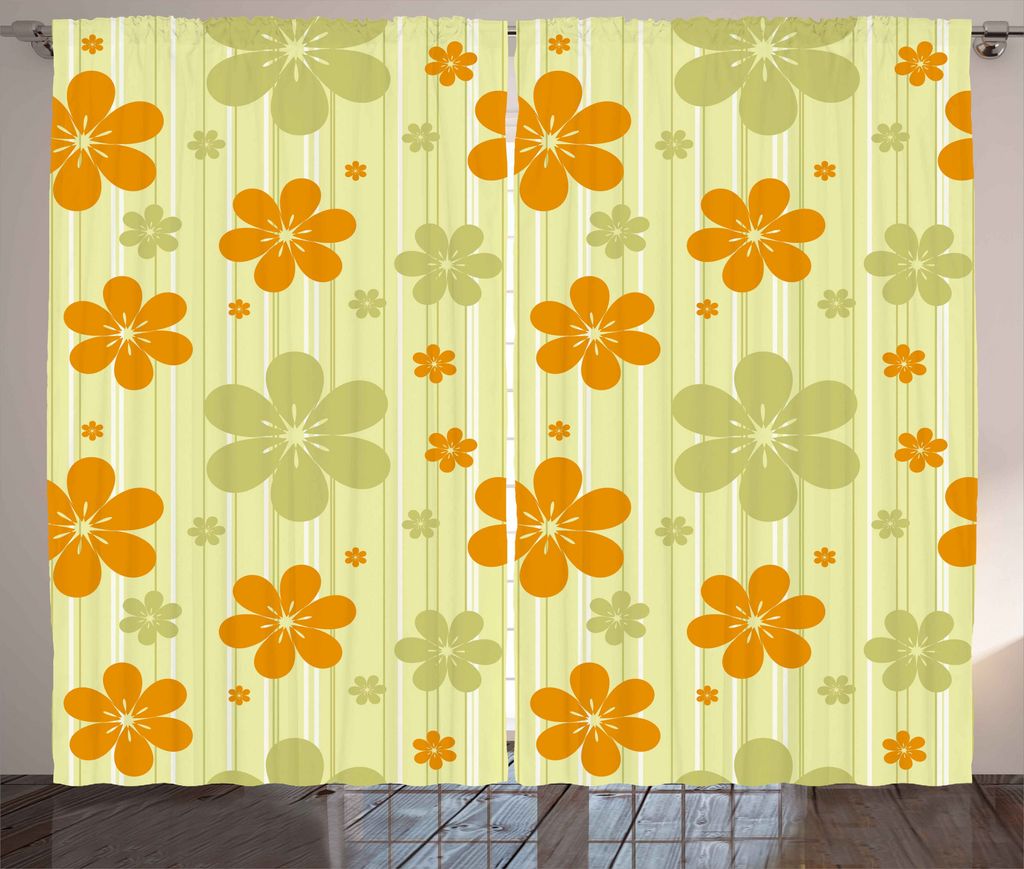 ABAKUHAUS Blumen Rustikaler Gardine, Retro Grafik Blumen, Schlafzimmer Kräuselband Vorhang mit Schlaufen und Haken, 280 x 225 cm, Hellgrün Orange