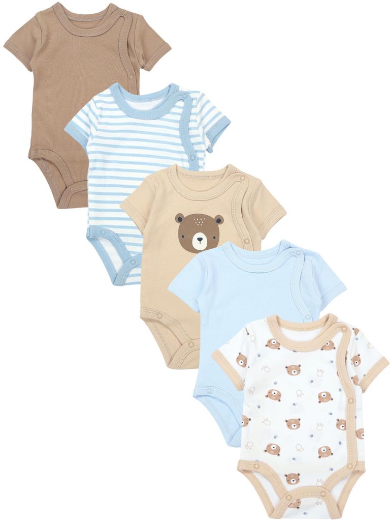 TupTam Baby Body Kurzarm Jungen – Wickelbody Kurzarm aus Baumwolle im 5er Set – , Farbe: Bärchen Blätter Beige Eisberg, Größe: 68