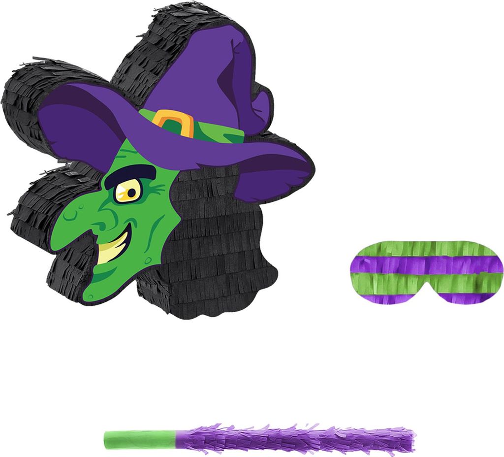 Halloween-Hexen-Piñata, gruselige Hexenkopf-Piñata mit Stock und Augenbinde für Halloween-Themenpartys und Events
