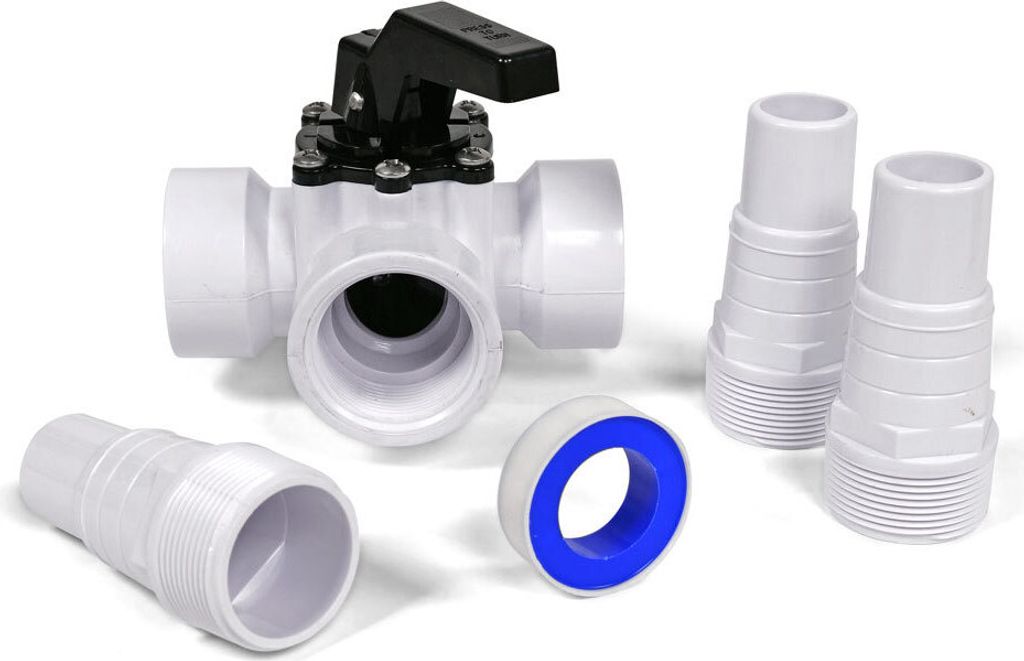 A set of plumbing fittings including a 3-way valve, hose barbs, and Teflon tape, arranged on a white background.