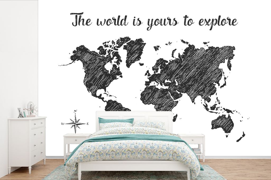 MuchoWow Fototapete für Wohnzimmer oder Schlafzimmer Wandtapete Vinyl Motivtapete Weltkarte - Zitat - Schwarz - Weiß - 330x220 cm - Fototapeten