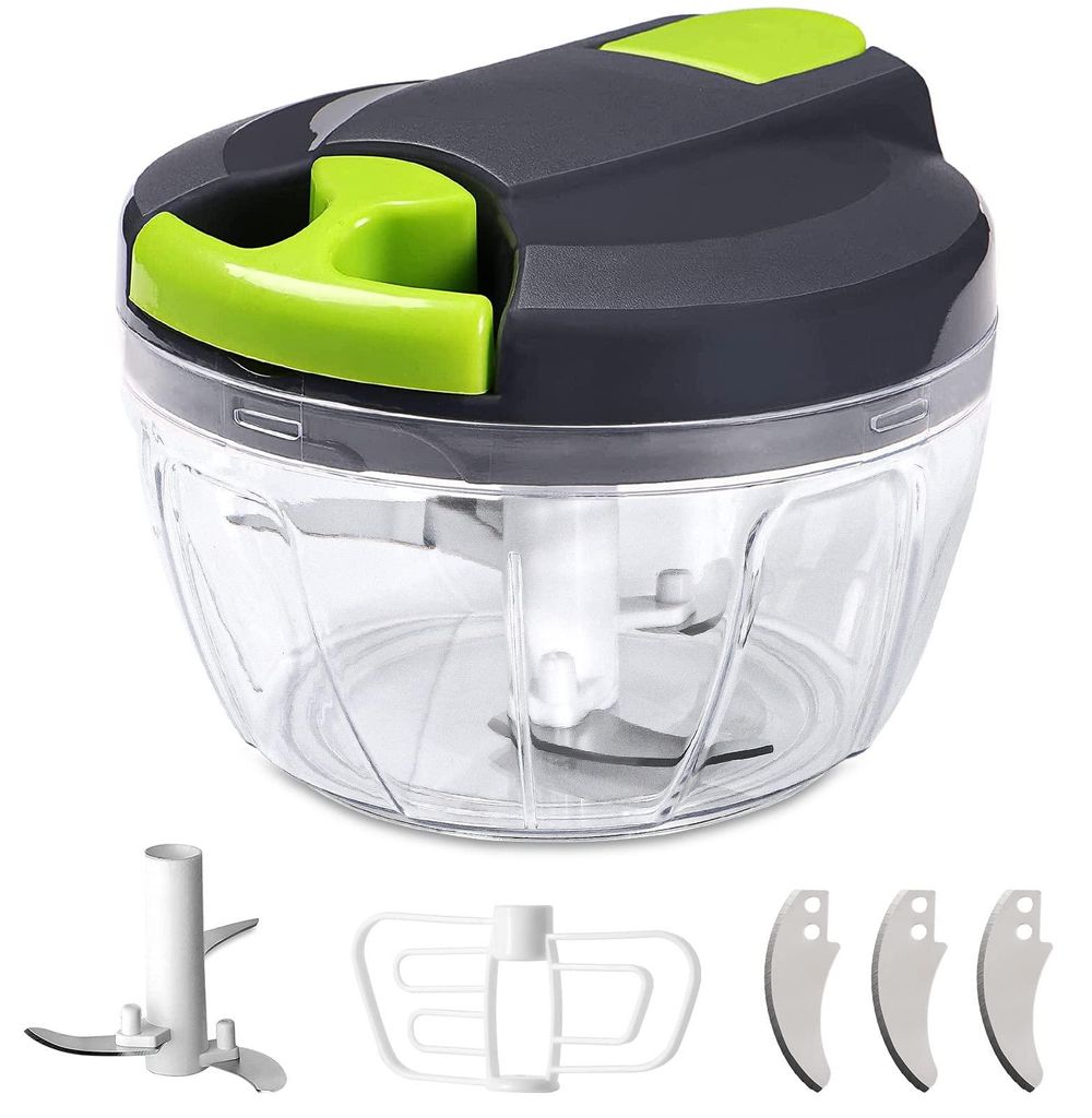 Zwiebelschneider Manuell, 520ml Zwiebel Zerkleinere mit 6 Klingen und 1 Mixer, Gemüseschneider, Multizerkleinerer Manuell, Knoblauchhacker