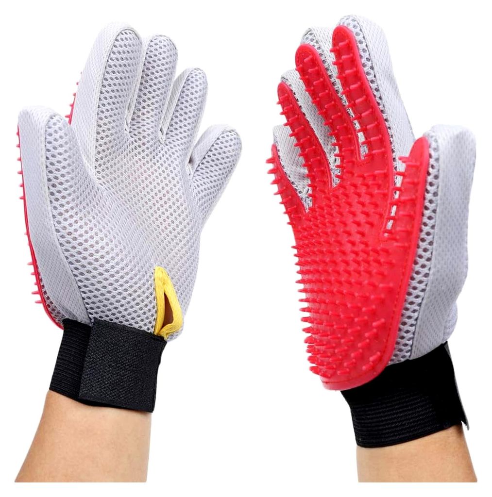 Fellpflegehandschuh zur Tierhaarentfernung und Massage für Hunde und Katzen (Rot, 2 Handschuhe)