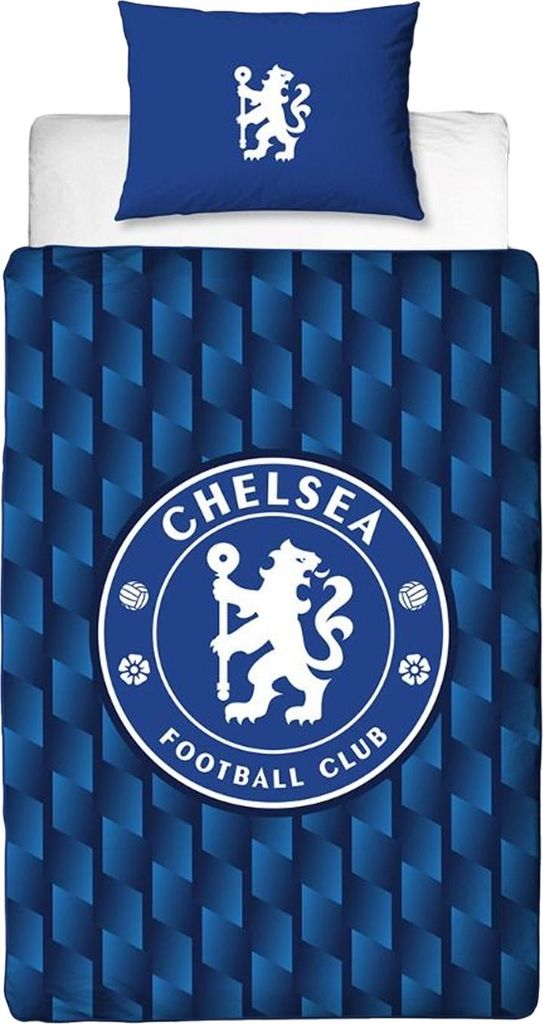 A Chelsea FC branded duvet cover and pillowcase set with a geometric blue pattern and the club crest.