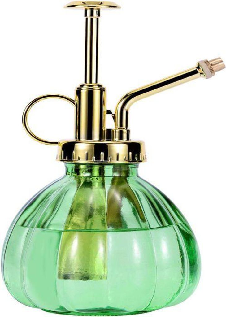 Pflanzensprüher aus Glas, 16,5 cm großer grüner Glassprüher mit goldener Pumpe, kleine Gießkanne, grün und gold