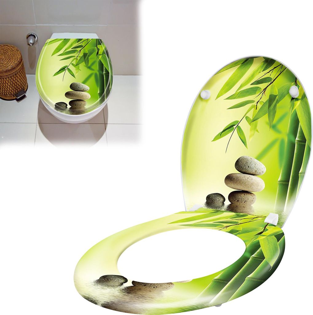 XINZI Toilettendeckel oval und Sitz mit Absenkautomatik, Antibakterielle Klobrille, WC-Sitz und Deckel aus Hartplastik (Grüner Bambus-Stein-Design)