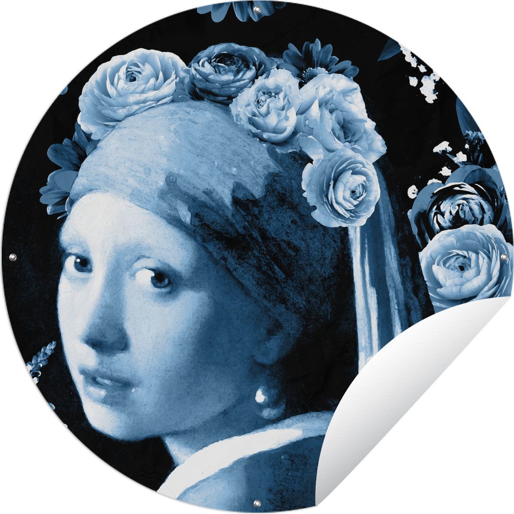 MuchoWow Gartenposter Outdoor-Poster Rund Mädchen mit einem Perlenohrring - Rosen - Blau Ø 60 cm Gartendeko Rundes Poster draußen
