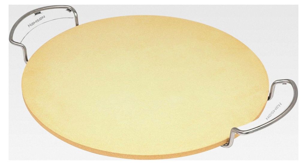 Runder Pizzastein | Ø 35 cm | Stein für den Backofen | Cordierit Pizzastein mit Edelstahlgriffen