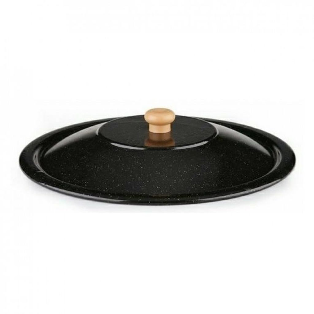 A black speckled lid with a wooden handle on a white background.
