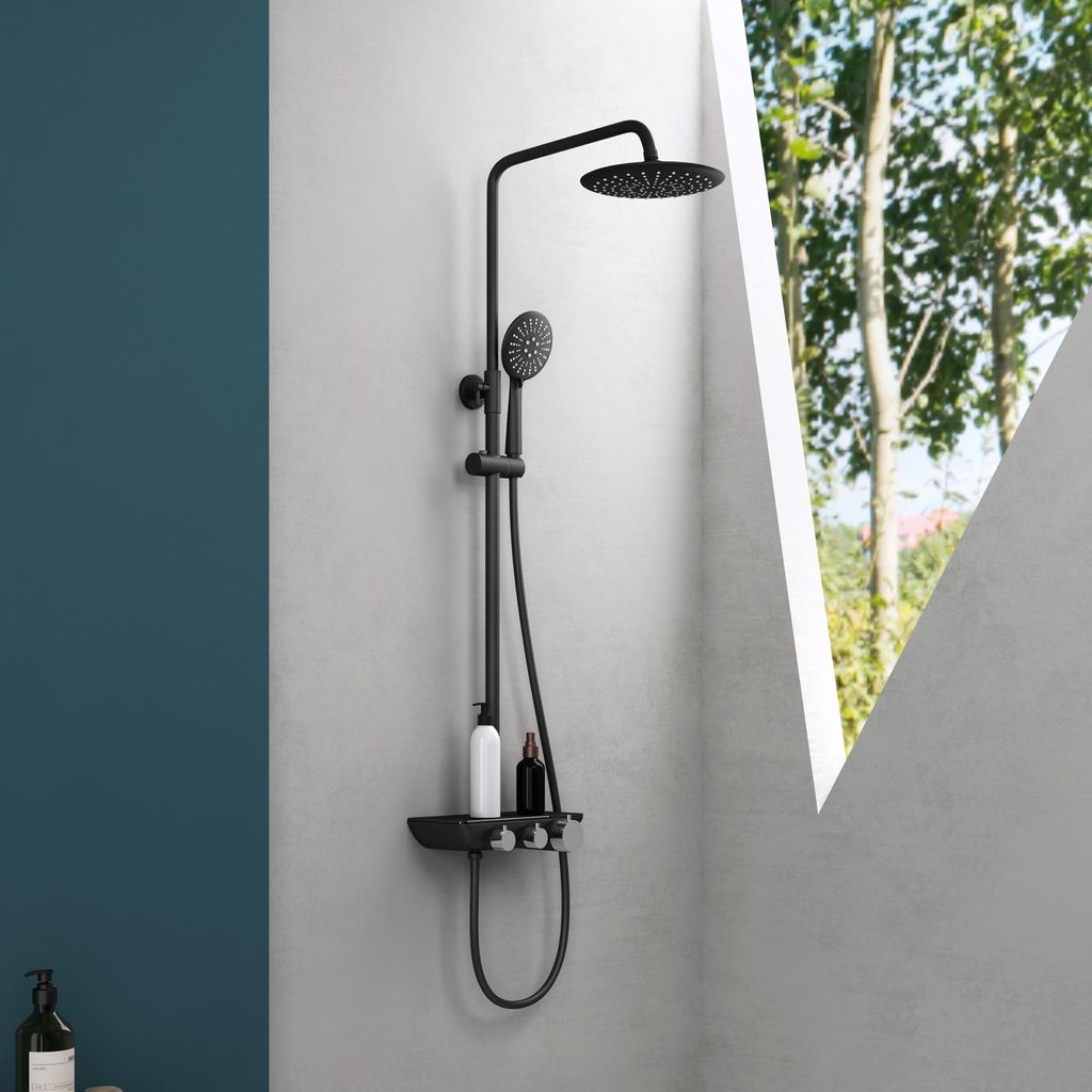 Mai & Mai Duschsystem5 Schwarz Hand und Kopfbrause Regendusche Duscharmatur inkl. Wandhalterungs-Set