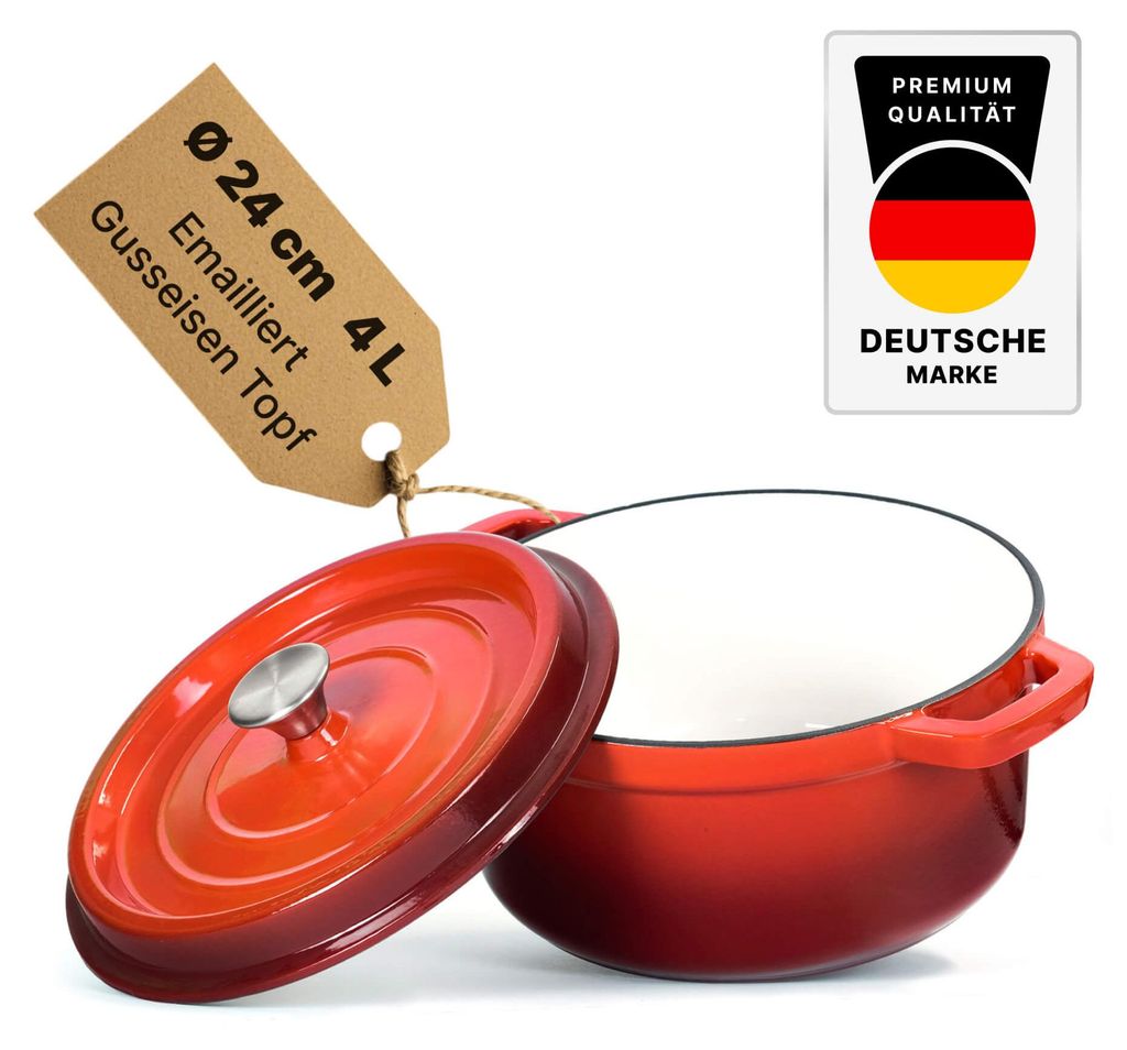 Emaillierter Gusseisen Topf mit Deckel Ø24 cm 4L - Bräter Dutch Oven für alle Herdarten inkl. Induktion Backofen gleichmäßige Hitzeverteilung ...