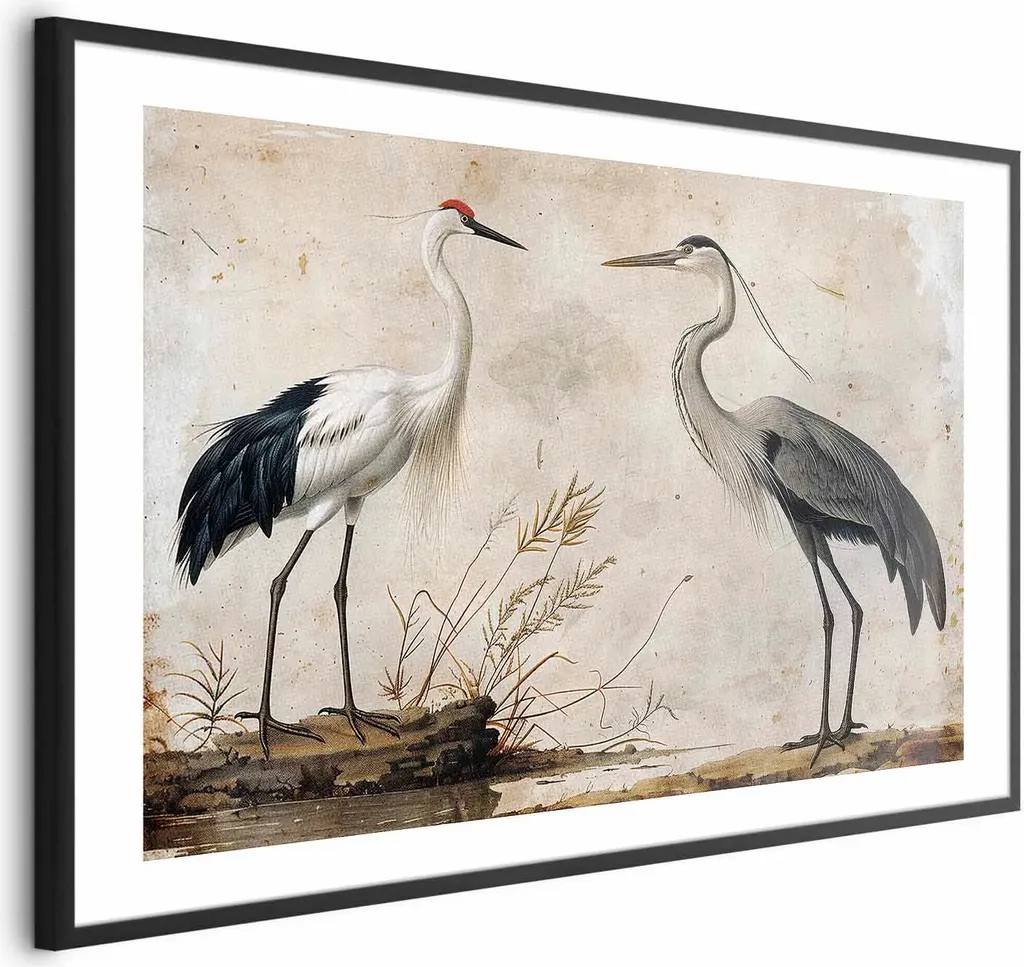 Poster Incisione Uccelli 60x40 cm con Cornice Nera e Margine Elegante