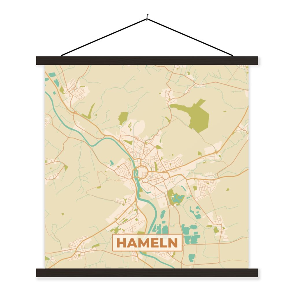 MuchoWow Textilposter Hameln - Karte - Vintage - Stadtplan 120x120 cm mit schwarzem Rahmen - Aufhängungsset