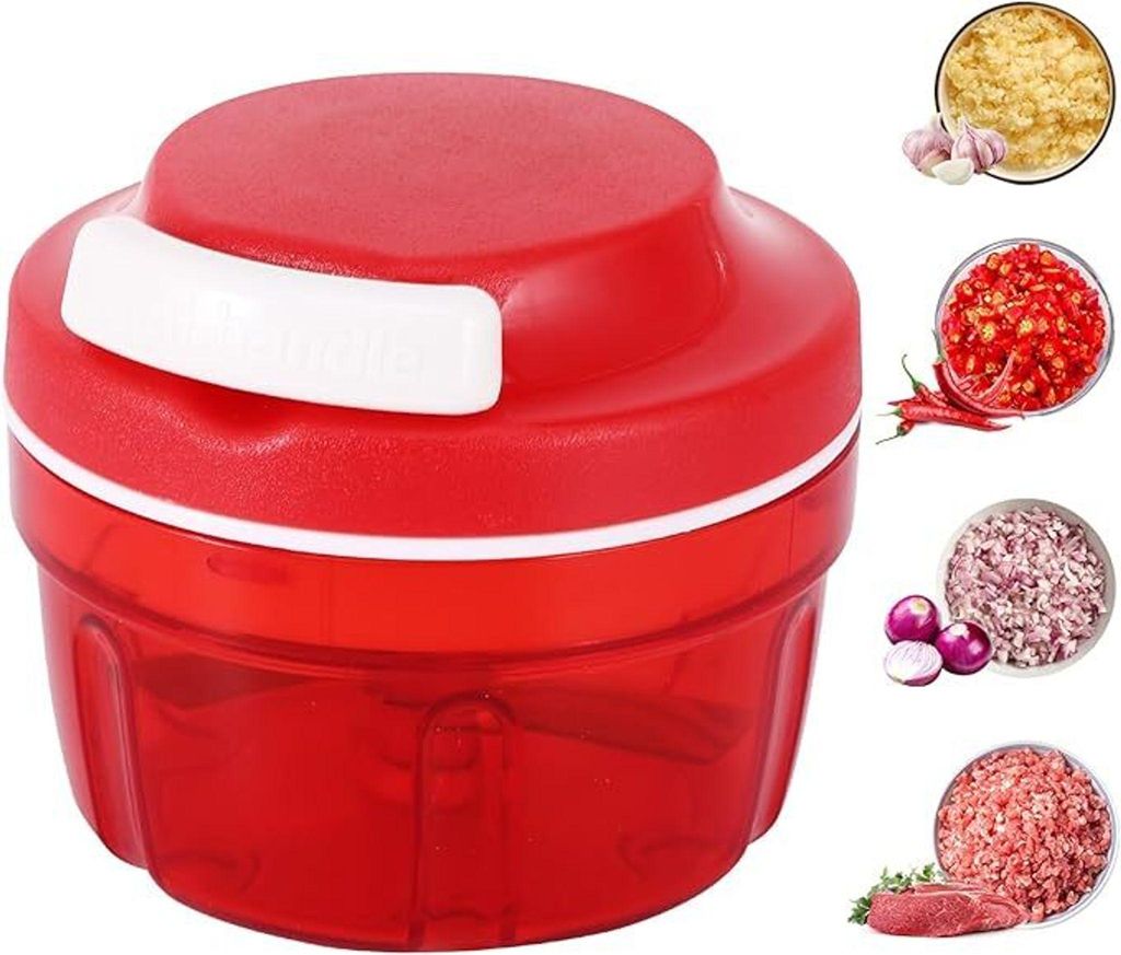 A red manual food chopper is shown with inset images of chopped ingredients like garlic, chili peppers, and onions, as well as raw meat.