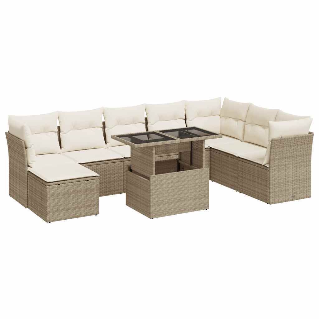 vidaXL 9-tlg. Garten-Sofagarnitur mit Kissen Beige Poly Rattan