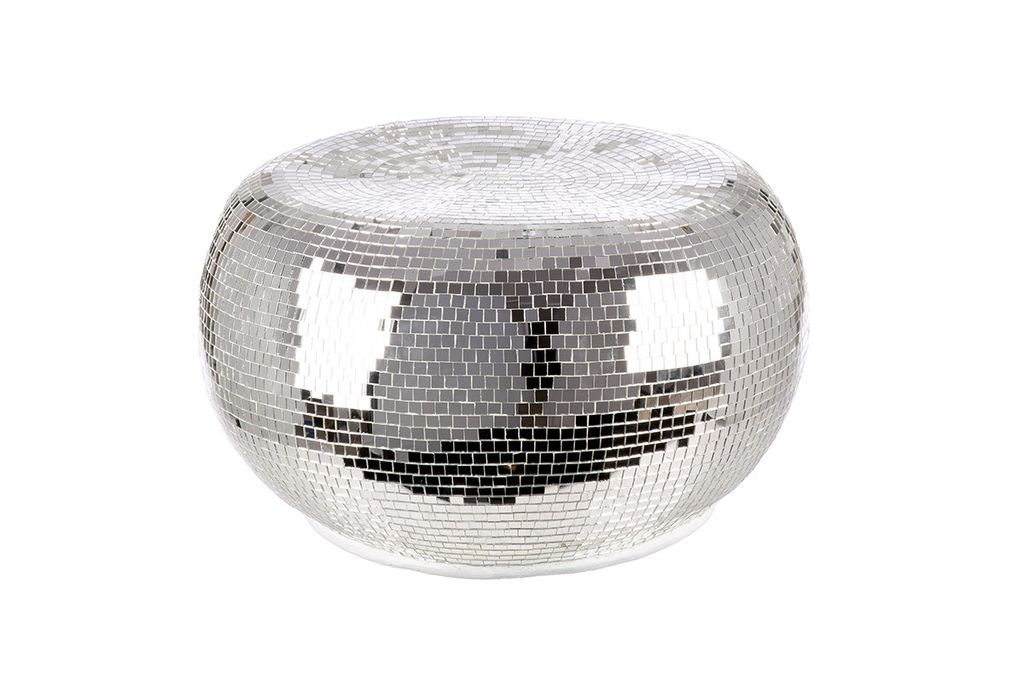 Gilde Beistelltisch, oval, "Disco", Fiberglas, Spiegelglas, silberfarben, VE 1, L. 50 cm, B. 56 cm, H. 34 cm 79923