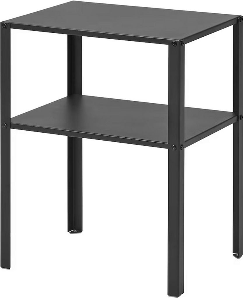 A black two-tier shelf unit against a white background.