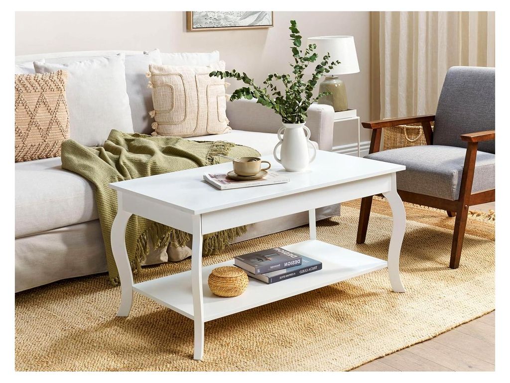 Rechteckiger Couchtisch in Weiß, niedrig, 55 x 100 cm mit Ablage im Retro-Stil